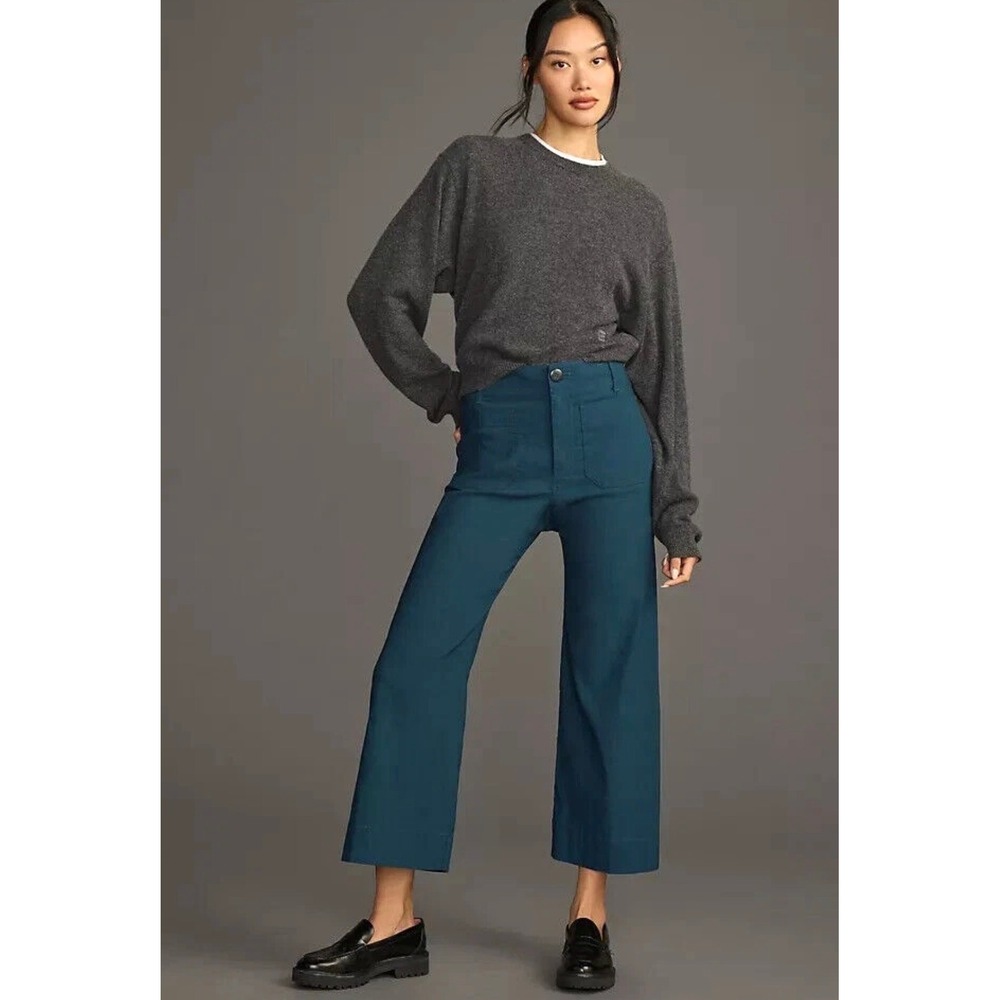 Anthropologie Maeve Colette Cropped Wide Leg Pants Teal Slate 26 linen bled